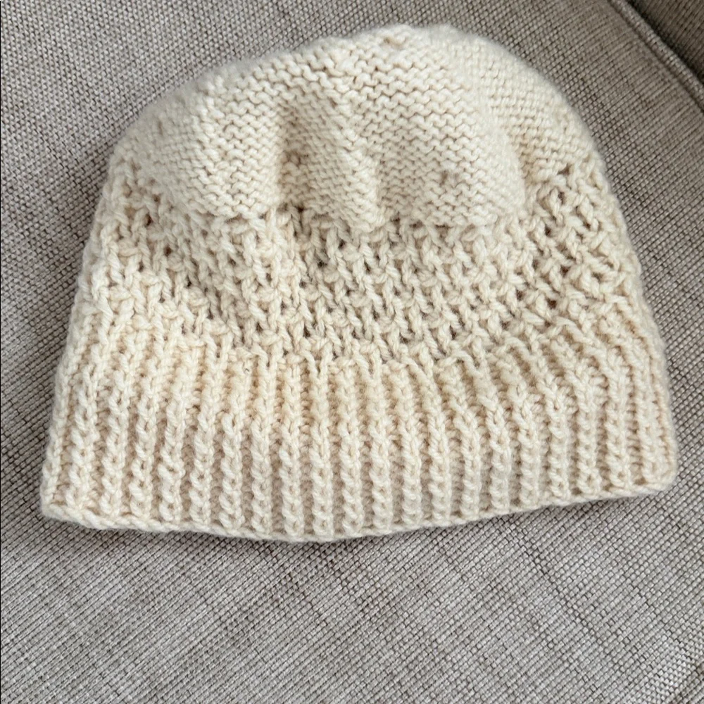 Vintage hand-knitted Kids beanie textured bubble stitch pom-pom Irish Wool?